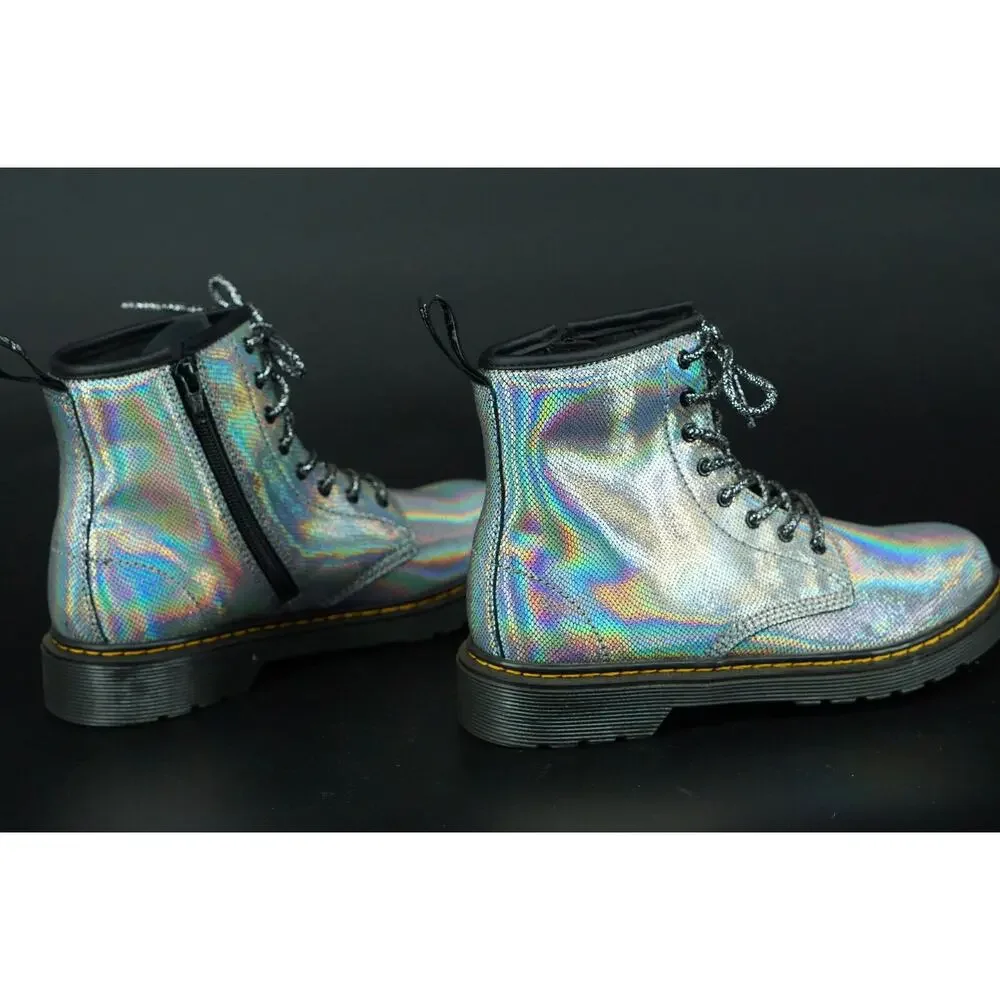 Doc Martens 1460 J Combat Ankle Boots size 5 US laces Silver Reptile Holo Biker